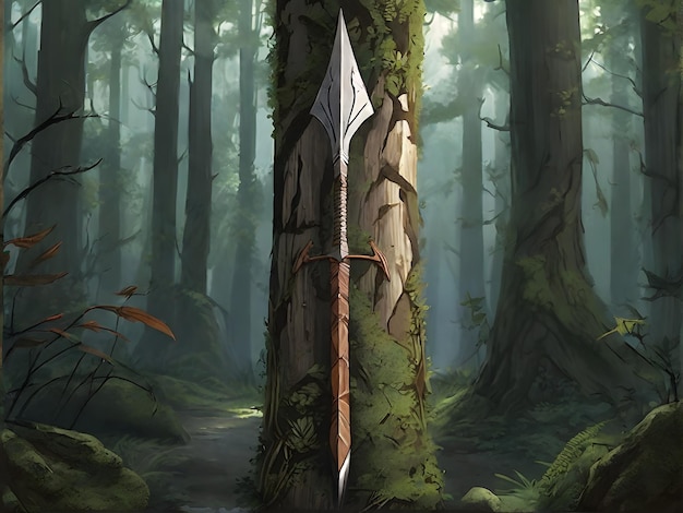 Fundo de flechas penduradas em uma árvore e flechas caindo no chão na floresta