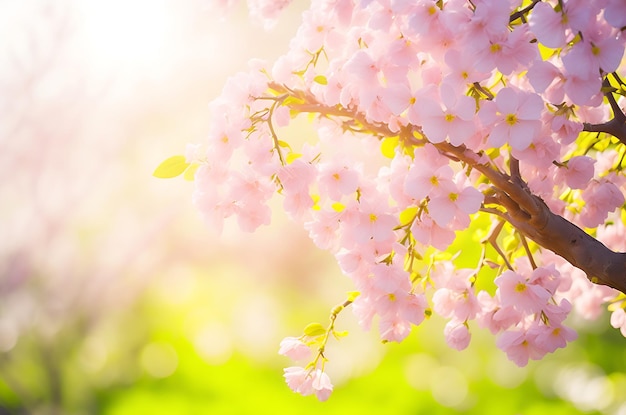Fundo de flor de primavera bela cena natural com árvore florescendo e reflexo do sol