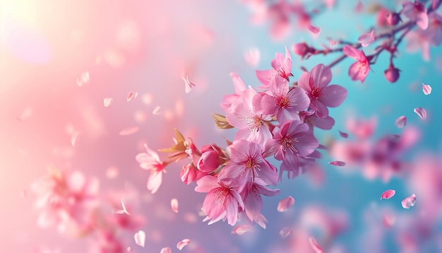 fundo de flores de cerejeira flores voadoras em fundo rosa e azul na ilustração