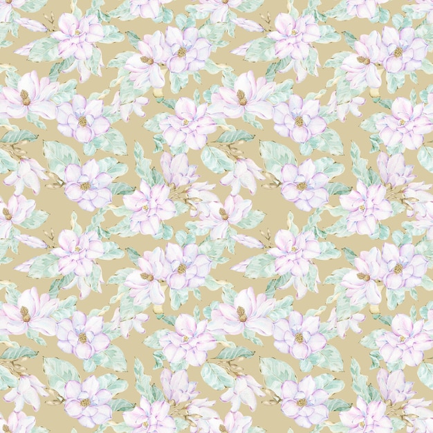 Fundo de flores de magnólia. padrão sem emenda floral primavera em aquarela. flores e folhas elegantes da magnólia