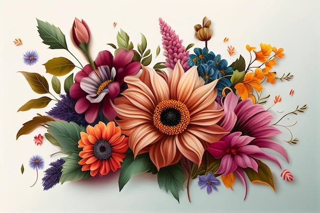 Fundo de flores florais com flores coloridas e folhas generativas ai