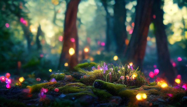 Fundo de floresta de conto de fadas mágico escuro com luzes brilhantes