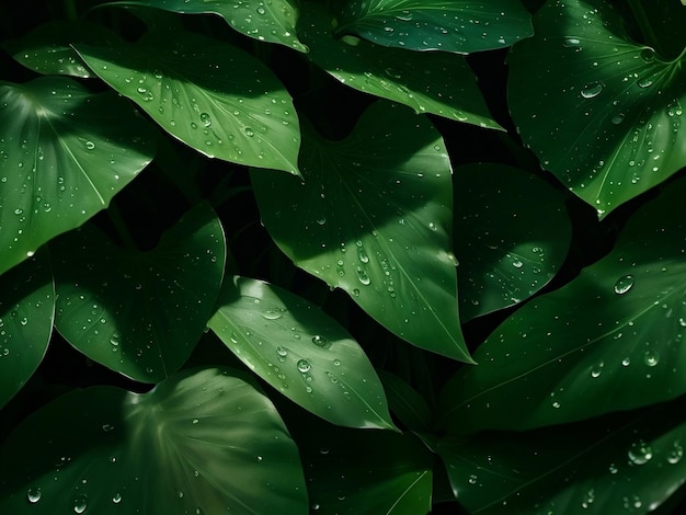 Fundo de folha verde tropical com gota de água dia chuvoso