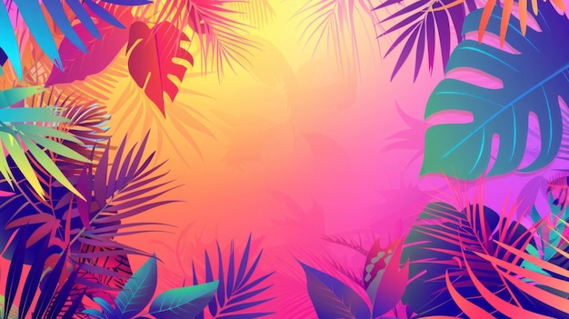 Fundo de folhagem tropical vibrante com folhas coloridas e um tom de gradiente de rosa e amarelo Perfeito para projetos com temas de verão