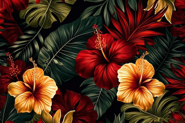 Fundo de folhas de plantas e desenho de flores tropicais para papel de parede