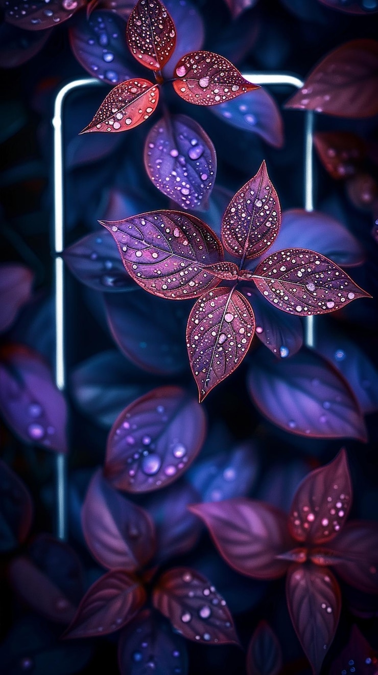 Foto fundo de folhas roxas com moldura de néon branco