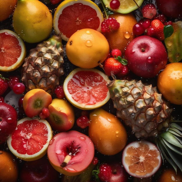 Fundo de frutas comida saudável vitamina fresca morango suculento gota água verde Generative AI