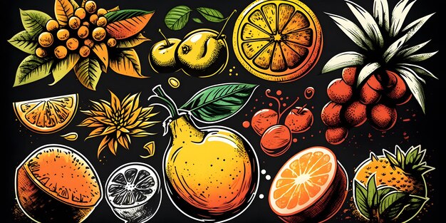 Fundo de frutas Doodle Doodles naturais de frutas tropicais laranja cítrica uva goiaba banana pêra