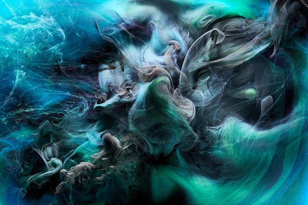 Fundo de fumaça abstrato de cor azul verde Misture maquete de arte líquida criativa de tinta de álcool com espaço de cópia Ondas de tinta acrílica debaixo d'água