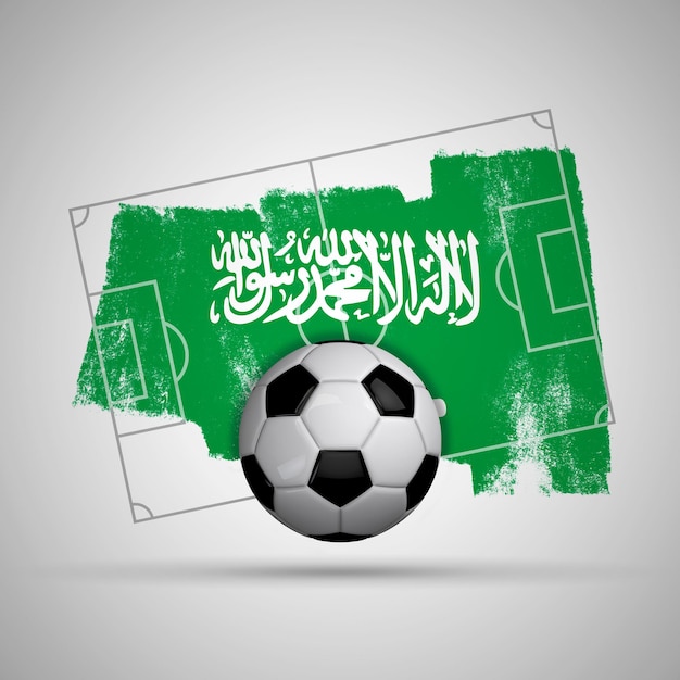 Fundo de futebol de bandeira da Arábia Saudita com campo de futebol de bandeira grunge e bola de futebol