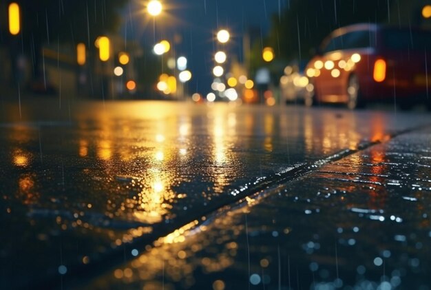 Fundo de gotas de chuva no asfalto com belo reflexo das luzes urbanas à noite generatrive ai