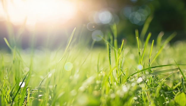 Fundo de grama natural com sol e bokeh desfocados