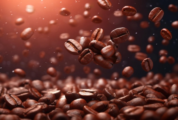 Fundo de grãos de café voadores Closeup banner de grãos de café marrom generativo ai