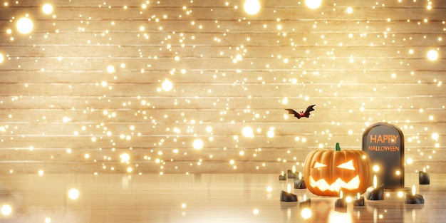 Fundo de Halloween Abóbora no piso de madeira e ilustração 3d bokeh