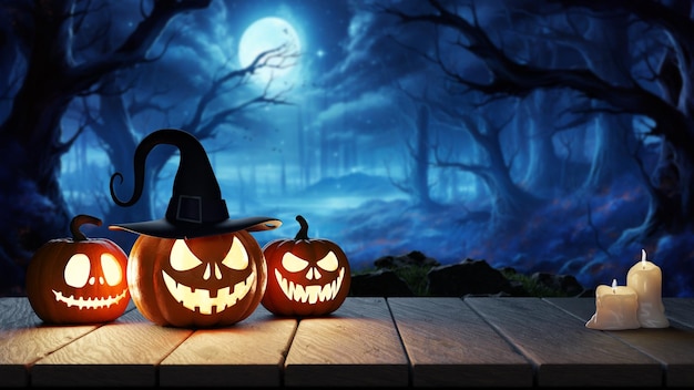 Fundo de Halloween abóboras brilhantes e velas na mesa contra o fundo de uma floresta assustadora renderização 3d