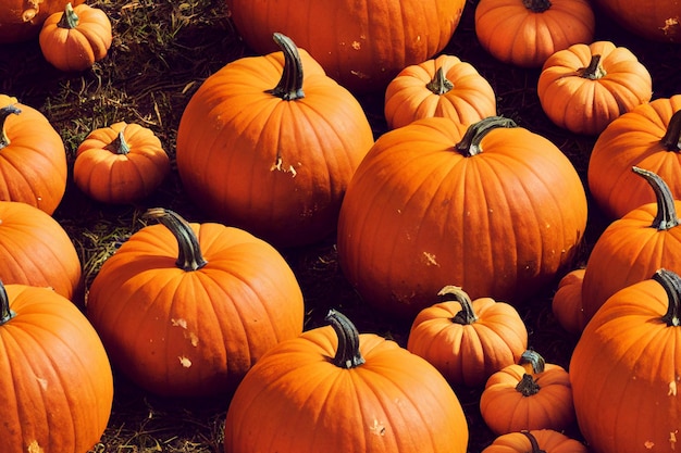 Fundo de Halloween ainda vida composição plana, tamanhos diferentes abóboras tons escurosCopiar espaço