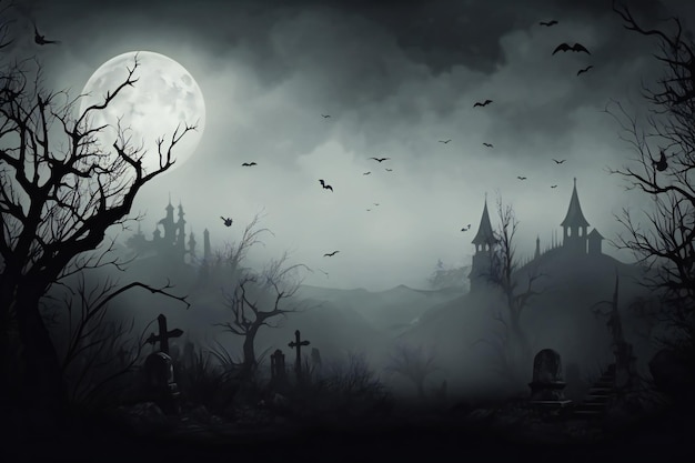 Fundo de Halloween Cemitério assustador à noite com lua cheia