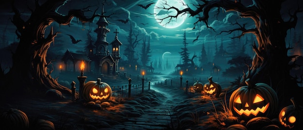 Fundo de Halloween, cena assustadora, abóboras assustadoras no cemitério assustador