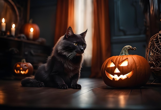Foto fundo de halloween com abóbora fantasma de gato preto