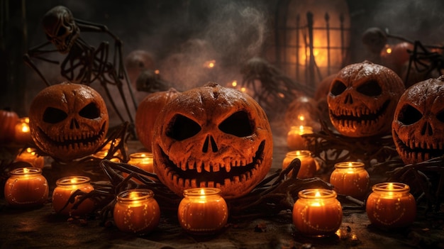 Fundo de Halloween com abóboras assustadoras, aranhas e velas