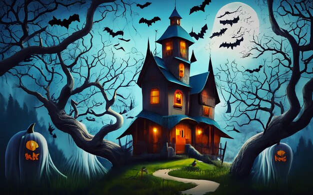 Fundo de Halloween com abóboras assustadoras de mansão assombrada assustadora com lua cheia gerada por Ai