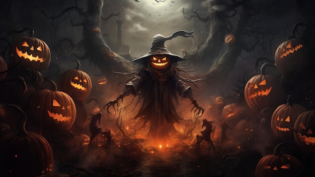 Fundo de Halloween com abóboras assustadoras e bruxa na floresta escura