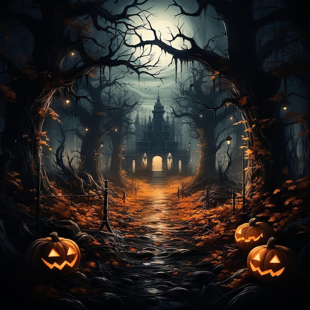 Fundo de Halloween com abóboras assustadoras na floresta à noite de lua cheia com uma casa de castelo assombrada