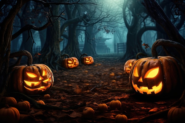 Fundo de Halloween com abóboras assustadoras na floresta escura