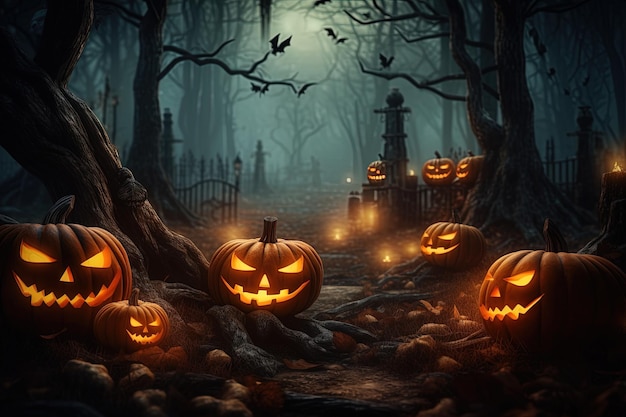 Fundo de Halloween com abóboras assustadoras na floresta escura