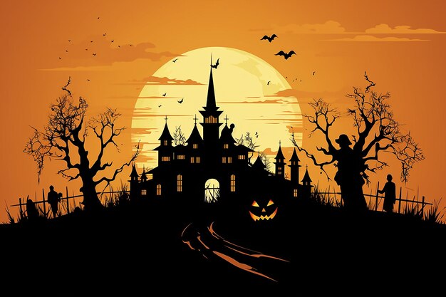 Foto fundo de halloween com abóboras assustadoras velas no cemitério à noite com um fundo de castelo