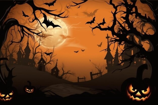 fundo de Halloween com abóboras assustadoras velas no cemitério à noite com um fundo de castelo