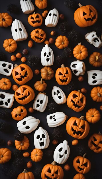 Foto fundo de halloween com abóboras, doces e fantasmas vista superior