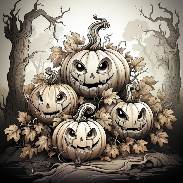 Fundo de Halloween com abóboras e árvores Ilustração de Halloween