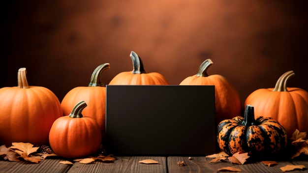 fundo de Halloween com abóboras e cartão em branco em mesa de madeira conceito de Halloween