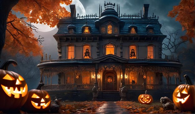 Fundo de Halloween com abóboras e casa assombrada 3D render Fundo de Halloween com Evil Pumpki