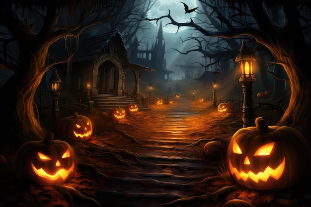 Fundo de Halloween com abóboras e casa assombrada