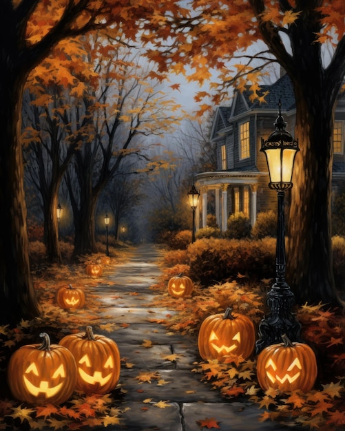 Fundo de Halloween com abóboras e casa velha na floresta de outono