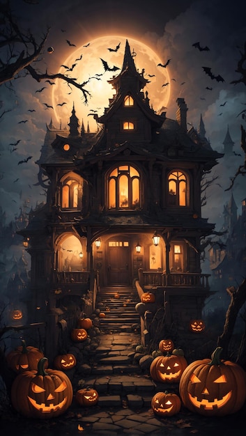 Fundo de Halloween com abóboras e castelo de terror