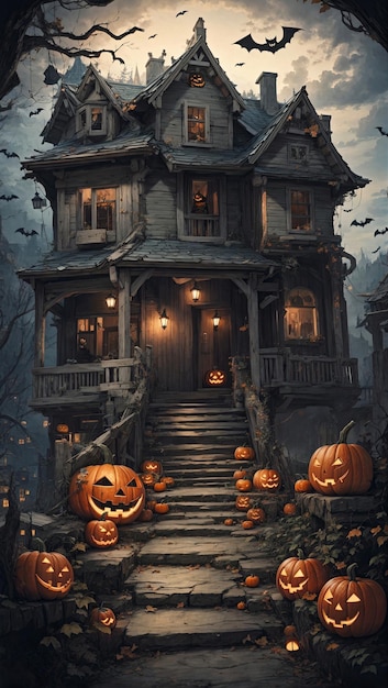 Fundo de Halloween com abóboras e castelo de terror