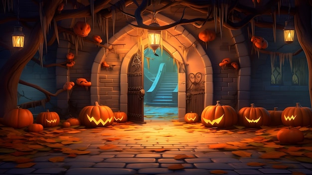 Fundo de Halloween com abóboras e entrada do castelo