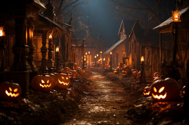 Fundo de Halloween com abóboras e personagem de terror