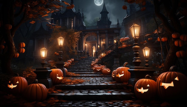 Fundo de Halloween com abóboras e renderização 3D da casa da bruxa