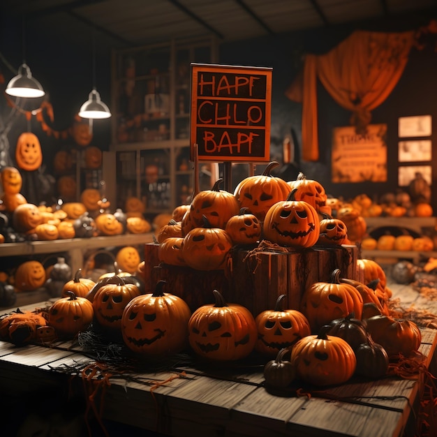 Fundo de Halloween com abóboras jackolanterns e outras decorações