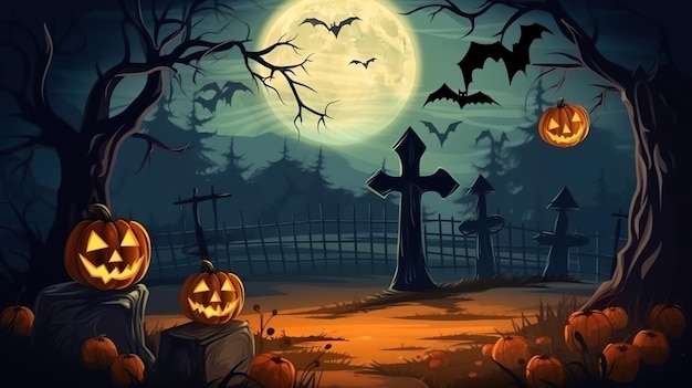 fundo de Halloween com abóboras morcegos e cemitério