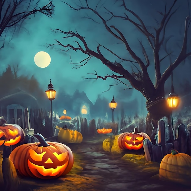 Fundo de Halloween com abóboras no cemitério