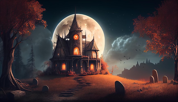 fundo de Halloween com casa assombrada e lua cheia Ai imagem gerada