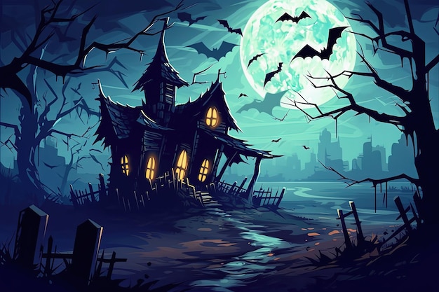Fundo de Halloween com casa assustadora de desenho animado e lua cheia