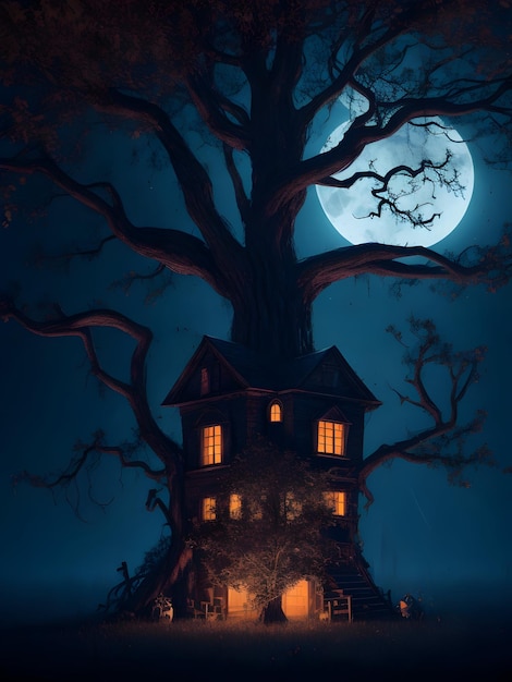 Fundo de Halloween com casa caçada e modo noturno de terror em árvore