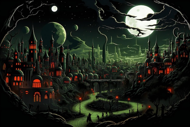 Fundo de Halloween com castelo assombrado e lua cheia