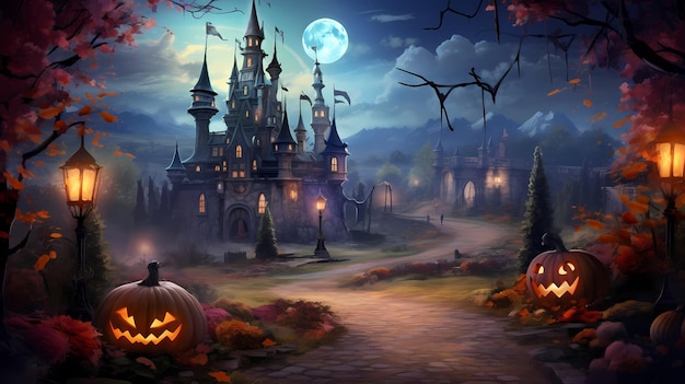 fundo de Halloween com castelo de abóboras e morcegos voando